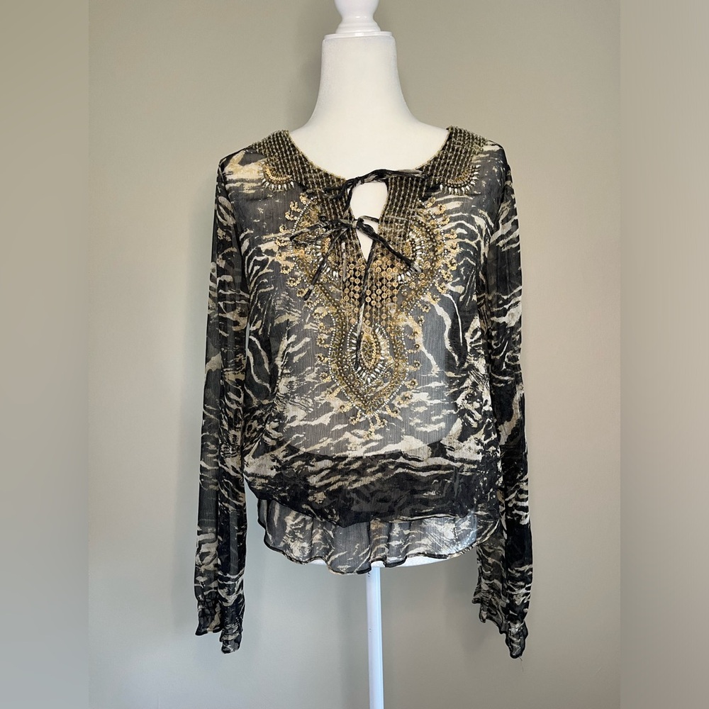Cache Sheer Grey And Black Beaded Blouse - image 1